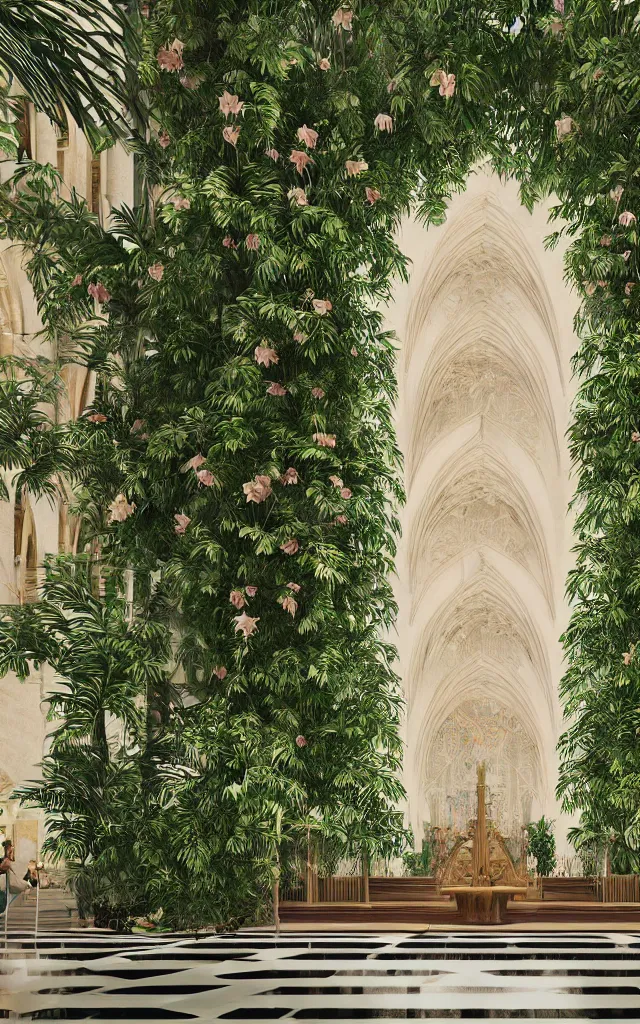 Prompt: grand cathedral interior with! koi pond in the middle! surrounded by palm trees, ivy, flowers, tropical plants, roses, and with archways, rendered in octane render with photorealistic volumetric lighting, cinematic, ultra wide angle, horizontal symmetry