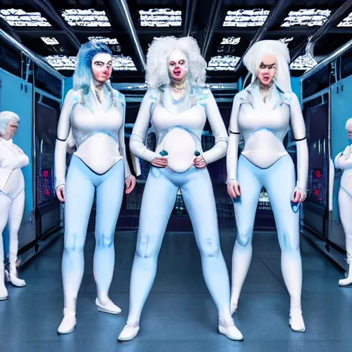 Image similar to troop of freak show women with white hair, white hair, tight light blue neopren suits, futuristic production facility, sci - fi, highly detailed, cinematic