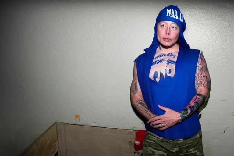 Image similar to medium full shot of elon musk as a gang member wearing a blue head covering made from a polyester or nylon material and a stained white tank top caught doing crack inside a detroit gang trap house, arms covered in gang tattoo, paparazzi, leaked footage, uncomfortable, bad quality