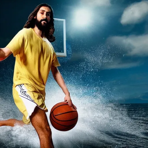 Prompt: A photo of jesus playing basketball while running on water