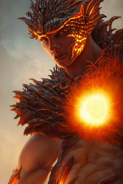 Image similar to humanoid god of the sun, highly detailed, d & d, fantasy, hyper detailed, digital painting, trending on artstation, apollo, concept art, sharp focus, illustration, art by artgerm and magali villeneuve and greg rutkowski and michael whelan, cryengine, 8 k realistic atmospheric lighting, frostbite 3 engine