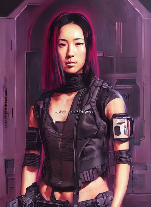 Image similar to Nikki tanaka. beautiful cyberpunk female USN marine wearing a military vest and a black and pink tactical catsuit (cyberpunk 2077, bladerunner 2049). gorgeous face. Iranian orientalist portrait by john william waterhouse and Edwin Longsden Long and Theodore Ralli and Nasreddine Dinet, oil on canvas. Cinematic, hyper realism, realistic proportions, dramatic lighting, high detail 4k