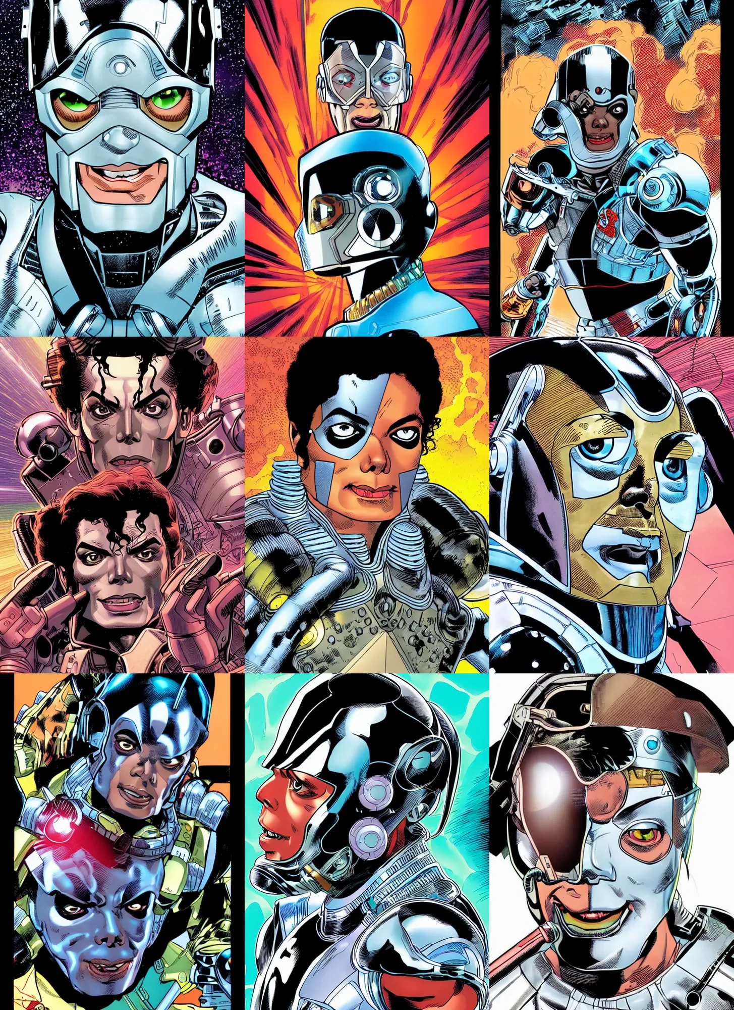 Prompt: dynamic macro head portrait of dangerous michael jackson cyborg sci - fi armor by cory walker and ryan ottley and jack kirby and barry windsor - smith, comic, illustration, photo real