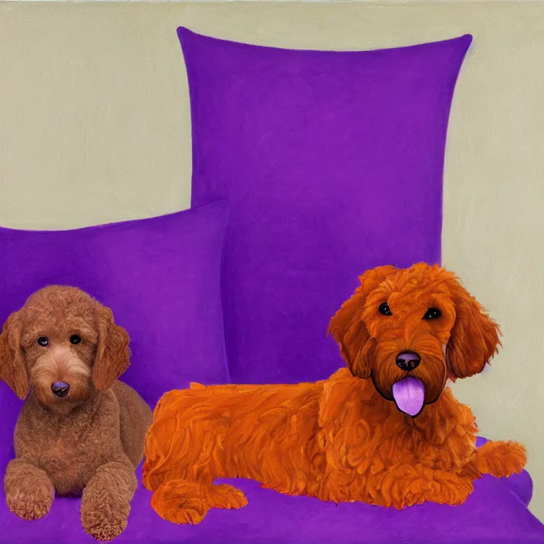 Image similar to a portrait of a royal throne flanked by an orange tabby sitting on a floating purple pillow to the left and a brown goldendoodle sitting on a floating purple pillow to the right, oil on canvas, soft lighting, 8 k