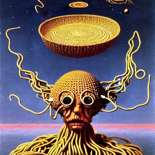 Prompt: flying spaghetti monster wearing colander as a hat, creating the universe, by otto dix, junji ito, hr ginger, jan svankmeyer, beksinski, claymation, hyperrealistic aesthetic, masterpiece