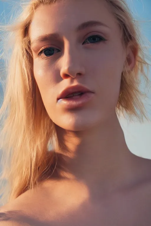 Image similar to photograph of a blonde female model in her twenties, hair pinned up, wearing a designer top, looking content, focused on her neck, photo realistic, extreme detail skin, natural beauty, no filter, slr, golden hour, 8 k, high definition, selfie