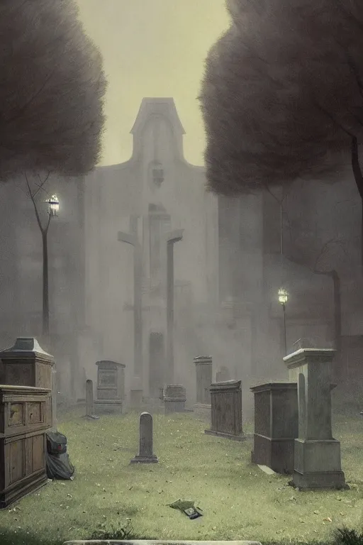Prompt: detailed ultra - realistic graphic novel illustration of a dystopian cemetery scene by edward hopper and gregory crewdson, cinematic, muted colors, cinematic fog, full shot, george adult, carel willink, ian miller, wayne barlowe, greg rutkowski, norman rockwell