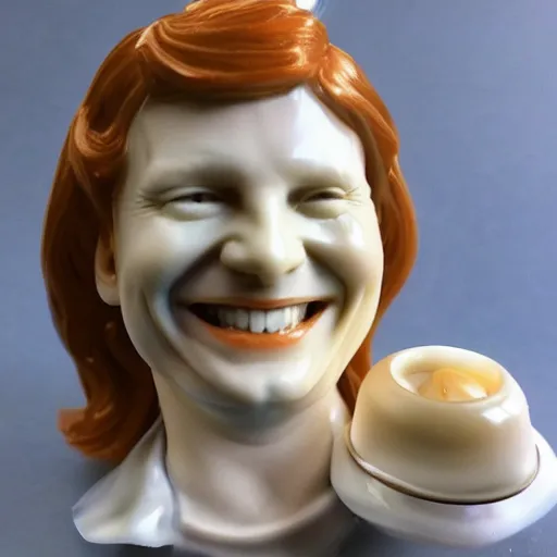 Image similar to Melting porcelain occult wax figure smiling commercial product 70s