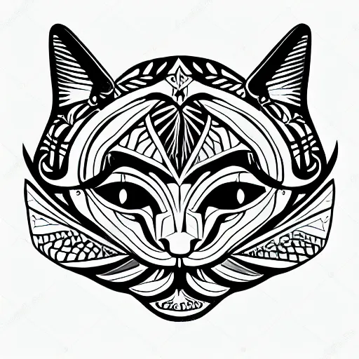 Image similar to { { tattoo sketch } } }, cat, { { without eye } }, draft, polinesian { ornament }, line art, vector