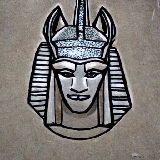 Image similar to highly detailed stencil of Anubis' face overlooking the pyramids