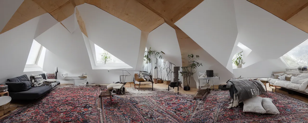 Image similar to 1.7 metre low attic, with matte white angled ceiling, with 2 windows opposing each other, with a large square window in the back right corner of the room, with exquisite turkish and persian rugs on the polished plywood floor, XF IQ4, 150MP, 50mm, F1.4, ISO 200, 1/160s, natural light