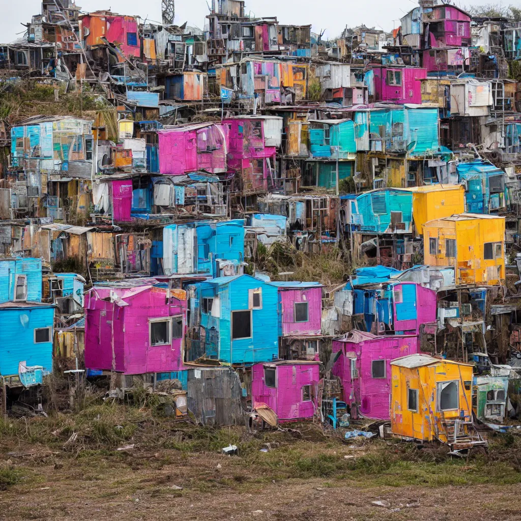 Image similar to a tower made up of colourful makeshift squatter shacks, dystopia, sony a 7 r 3, f 1 1, fully frontal view, photographed by jeanette hagglund