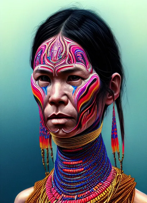 Prompt: portrait of catriona balfe as a long - neck kayan woman, hyper detailed ultra sharp trending on artstation, warpaint aesthetic, colorful, psychedelic, ornate, intricate, digital painting, concept art, smooth, sharp focus, illustration, art by artgerm and greg rutkowski and h. r. giger, 8 k