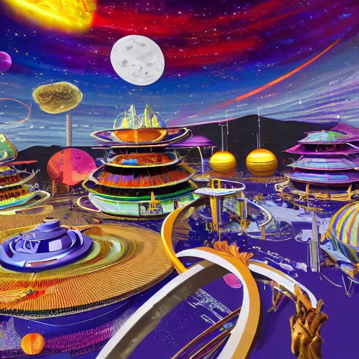 Image similar to interplanetary amusement park in space with multiple planets and a balinese temple