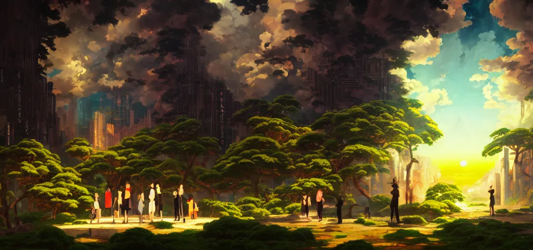 Prompt: baroque oil painting of anime key visual environment of a garden of eden in a cyberpunk world, brutalist, dark fantasy, sunset, rule of thirds, digital cel shading, fake hidden detail, trending on pixiv fanbox, style of makoto shinkai studio ghibli jamie wyeth james gilleard greg rutkowski