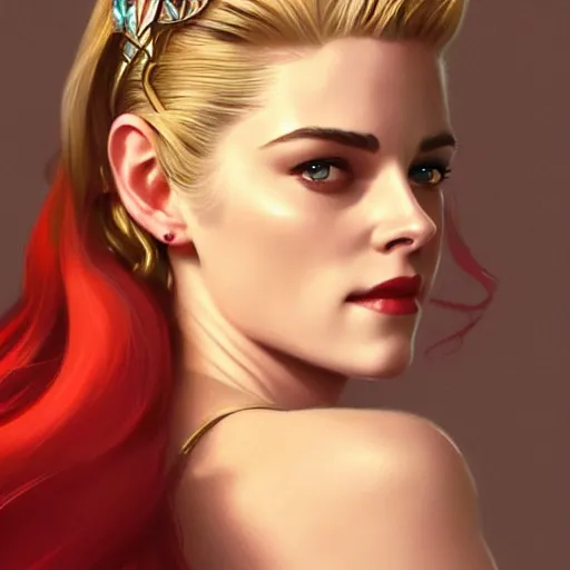 Image similar to A combination of Grace Kelly's and Kristen Stewart's and Ashley Greene's faces as She-Ra, western, D&D, fantasy, intricate, elegant, highly detailed, digital painting, artstation, concept art, matte, sharp focus, illustration, art by Artgerm and Greg Rutkowski and Alphonse Mucha