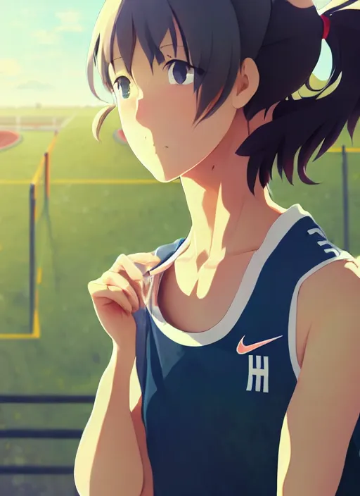 Prompt: portrait of high school runner girl, sunny sky background stadium landscape illustration concept art anime key visual trending pixiv fanbox by wlop and greg rutkowski and makoto shinkai and studio ghibli and kyoto animation symmetrical facial features short down hair sports clothing marathon race nike shirt realistic anatomy