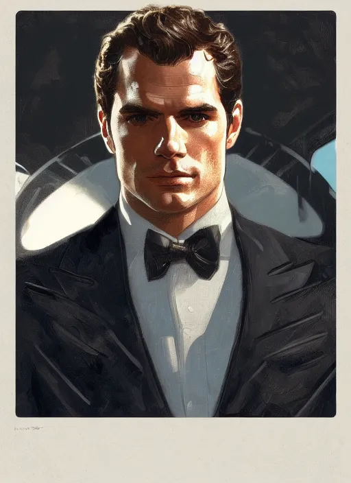 Image similar to portrait of henry cavill as james bond, key art, palm trees, vintage aston martin, highly detailed, digital painting, artstation, concept art, cinematic lighting, sharp focus, illustration, by gaston bussiere alphonse mucha