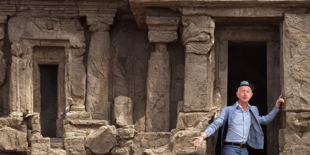 Image similar to film frame of jeff bezos taking a trasure from an ancient temple. indiana jones style 4 k quality rule of thirds jeff bezos dressed as indiana jones detail cinematic color grading by christopher nolan. portrait photography. close shot