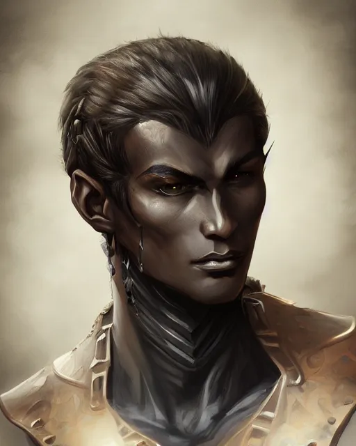 Prompt: a handsome young male dark elf, obsidian skin, fantasy, intricate, elegant, highly detailed, digital painting, artstation, concept art, sharp focus, illustration