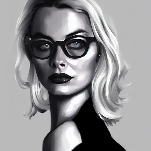 Prompt: a margot robbie wearing a business, she has grey hair and is holding a revolver, digital painting, smooth, hd, realist, artstation, deviantart