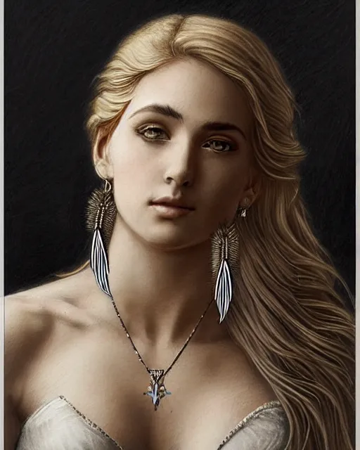 Image similar to pencil sketch of beautiful greek goddess aphrodite with arrowhead earrings and beautiful feather jewelry, beautiful piercing eyes, beautiful blonde hair, hyper realistic face, in the style of greg rutkowski, fantasy, amazing detail, epic, elegant, smooth, sharp focus, from the front