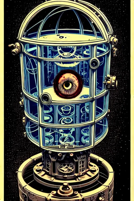 Image similar to steampunk cryo chamber containing an eyeball, high details, intricately detailed, by vincent di fate, inking, 3 color screen print, masterpiece, trending on artstation,, sharp, details, hyper - detailed, hd, 4 k, 8 k