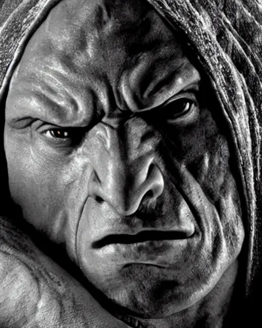 Image similar to film still close up shot of dwayne johnson as golem from the movie the lord of the rings. photographic, photography