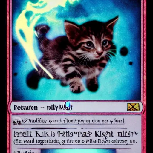 Image similar to a magic the gathering card of a kitten blowing up a planet