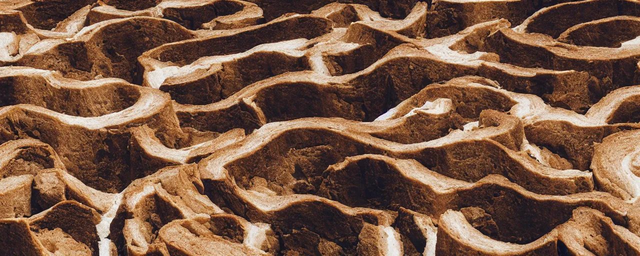 Prompt: macro shot of canyons made of bread with butter flowing through like a river, canon 1 0 0 mm, wes anderson film, kodachrome