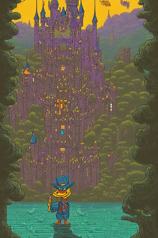 Prompt: a duck wizard, big castle by dan mumford