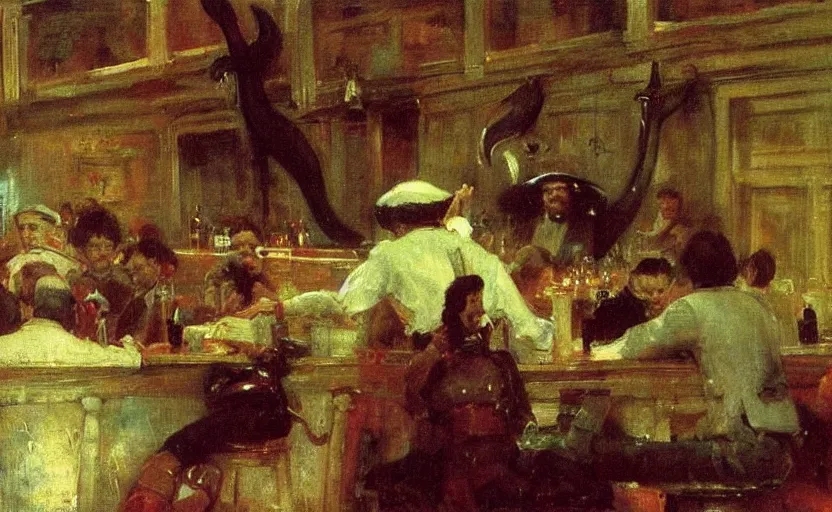 Image similar to high quality high detail painting by ilya repin, giant squid in a bar, hd