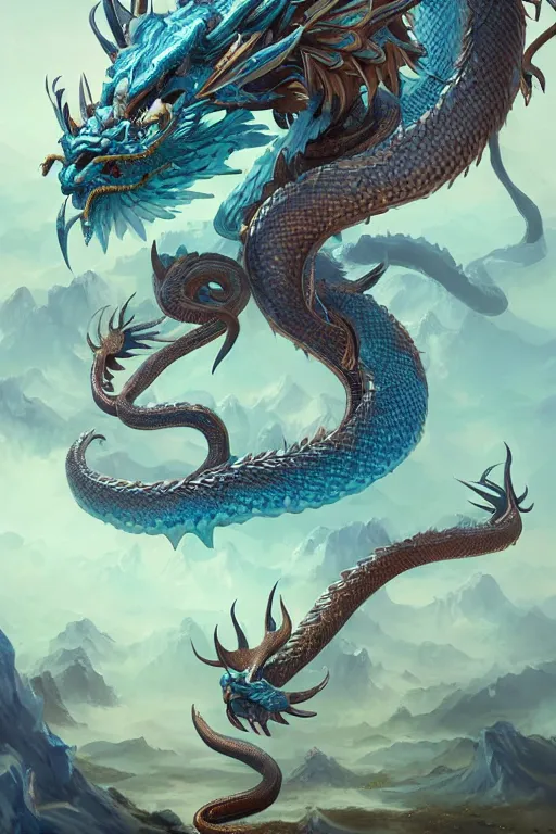 Image similar to cyan dragon has chinese dragon head, antlers, snake body, eagle claws hybrid fantasy, intricate, elegant, highly detailed, digital painting, artstation, concept art, matte, sharp focus, illustration by peter mohrbacher justin gerard zhang yu