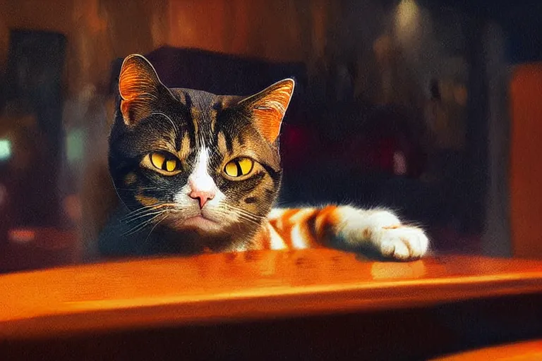 Image similar to a digital art of close up of a cat sits on a chair in a bar, animal, light effect, highly detailed, by anton fadeev