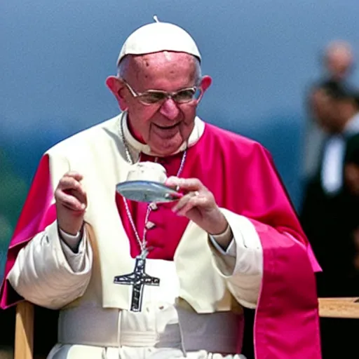 Prompt: pope john paul ii drinking a red bull