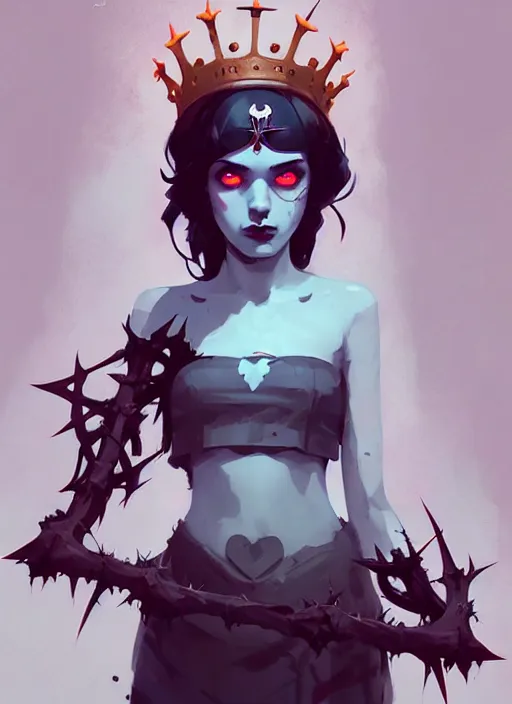 Image similar to portrait of cute goth maiden girl with crown of thorns, warhammer, cyberpunk, by atey ghailan, by greg rutkowski, by greg tocchini, by james gilleard, by joe fenton, by kaethe butcher, dynamic lighting, gradient light blue, brown, blonde cream and white color in scheme, grunge aesthetic