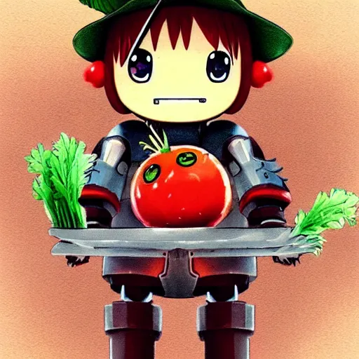 Image similar to cute robot with big tomato hat and a carrot sword, made in abyss style