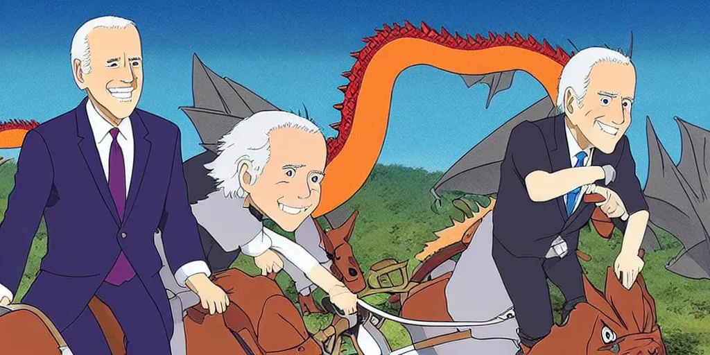 Prompt: joe biden riding a dragon studio ghibli