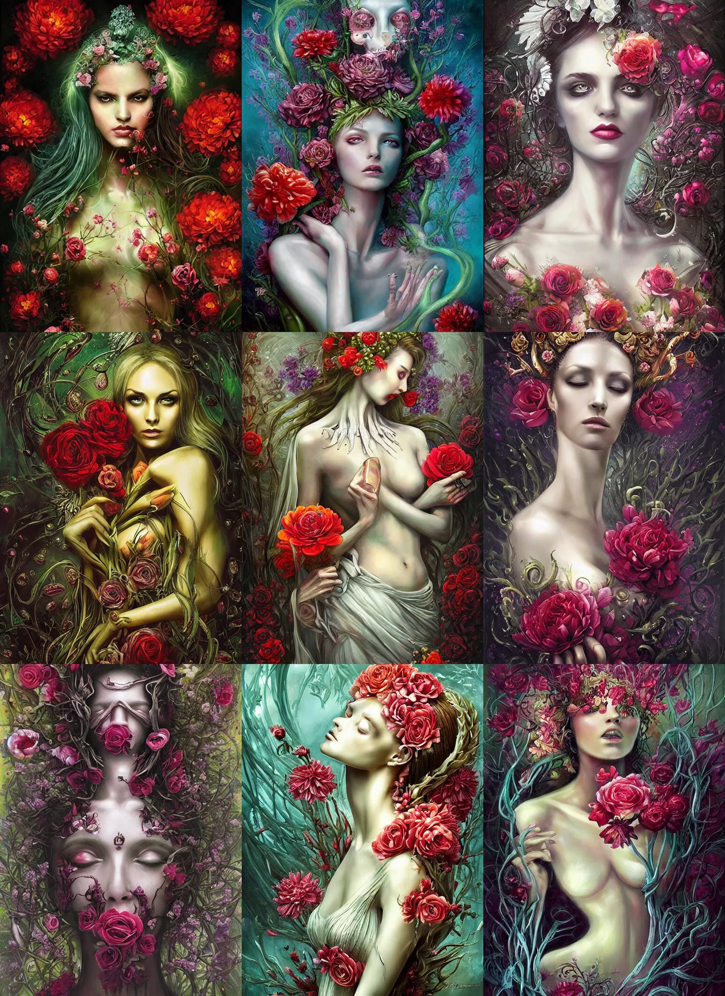 Prompt: elegant flowers, gorgeous greek goddess, beautiful, necronom v painting by lise deharme and hr giger, vibrant color scheme