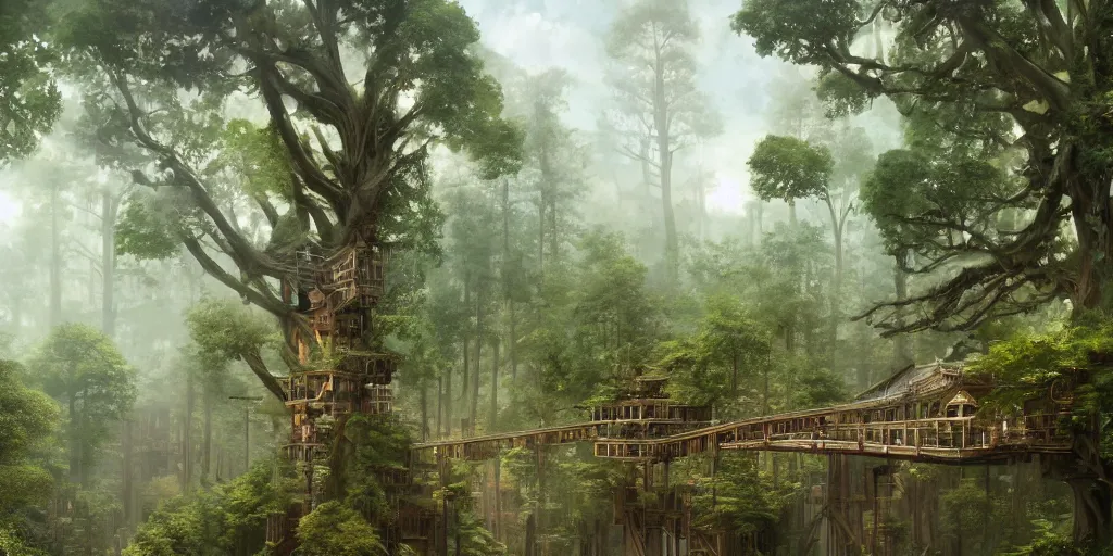 Prompt: a suspended village built with wood and bridges high up a dense temperate forest with many giant tall and large trees, ultra detailed, intricate, elegant, diffuse lighting, digital painting, concept art, game art, matte painting, artstation, 8 k, greg rutkwowski, alphonse mucha, studio ghibli, wlop