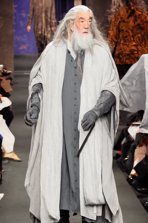 Image similar to gandalf as runway model on the catwalk, Fullbody