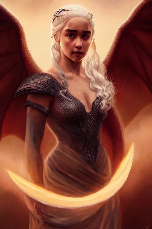 Image similar to beautiful, ethereal daenerys targaryen ( khaleesi ) portrait, intricate art deco dragon designs, elegant, highly detailed burning background, sharp focus, game of thrones art by artgerm and beeple and greg rutkowski and wlop