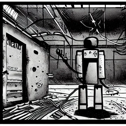 Prompt: a truly awful machine is breaking into the bunker, horror, techpunk, robot, dirty, dark, dynamic, evil, cryptid, underground, concrete