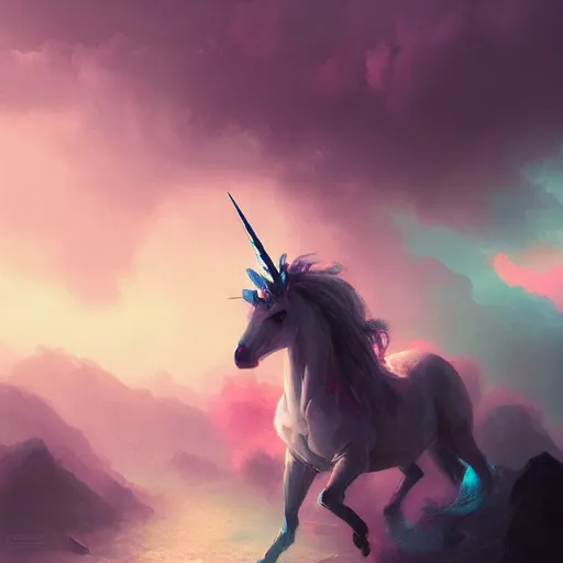 Image similar to Unicorn made of rainbow cotton candy, eerie, emotion, scenery, oil painting, Tooth Wu, Greg Rutkowski, RPG, dynamic lighting, fantasy art, high contrast, depth of field, landscape, scenery