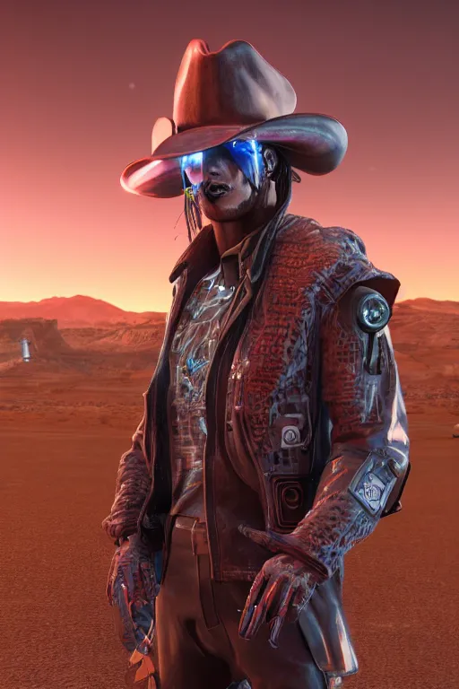Image similar to cyberpunk cowboy with his tesla in the Mojave desert, high definition, many details, dramatic scene, detailed and realistic hands, symmetrical face, realistic eyes, art of unreal engine 5
