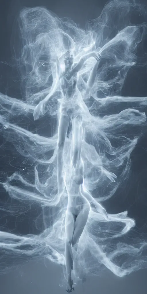 Image similar to a beautiful radiant goddess of light with many arms obscured by wisps of smoke and dust particles, numerous arms and hands, fluid simulation, particle simulation, ephemeral, highly detailed, hyperrealism, octane render