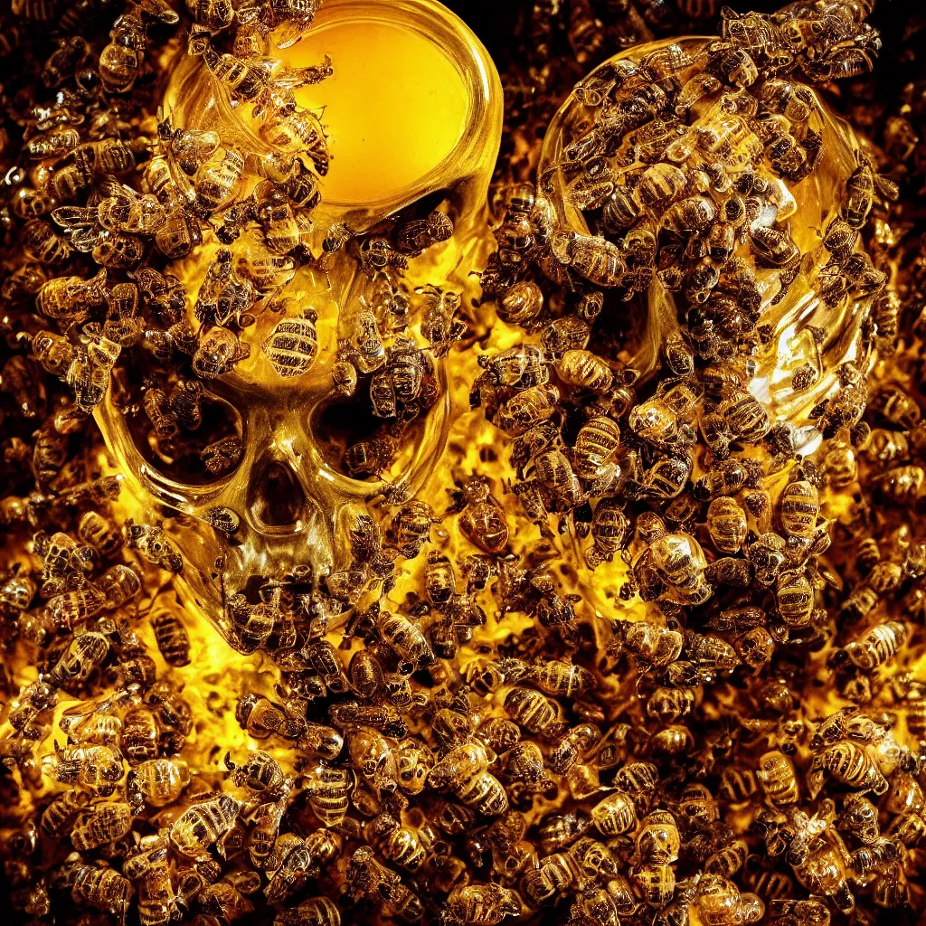 Prompt: dripping honey jar in the shape of a skull, with a honeycomb and surrounded by bees, product photography, glistening golden honey, sharp high contrast dramatic lighting, white backdrop