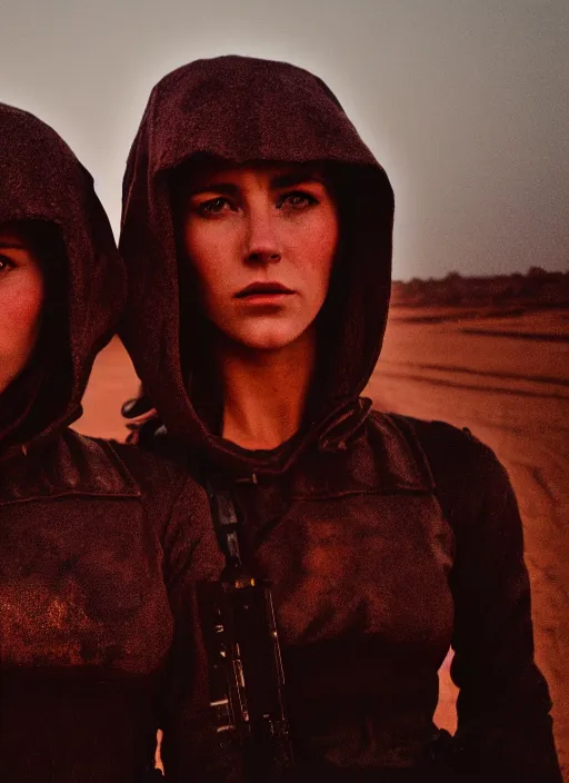 Image similar to cinestill 5 0 d photographic portrait of two sultry loving female androids wearing rugged black techwear on a desolate plain with a red sky, extreme closeup, cyberpunk style, garters, dust storm, 8 k, hd, high resolution, 3 5 mm, f / 3 2, ultra realistic faces, ex machina