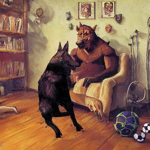 Image similar to a humanoid german shepherd beast - man, sitting and watching a soccer match in his house on television, he has hurt his knee and is a dad, by erin hanson, alexi zaitsev, karl spitzweg, award winning, tv set