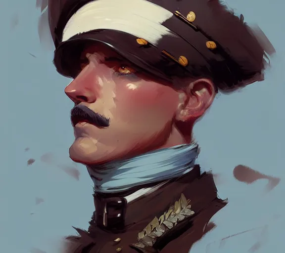 Prompt: portrait victorian era soldier, by atey ghailan, by greg rutkowski, by greg tocchini, by james gilleard, by joe fenton, by kaethe butcher, by ashley wood, dynamic lighting, gradient light blue, brown, blonde cream and white color scheme, grunge aesthetic